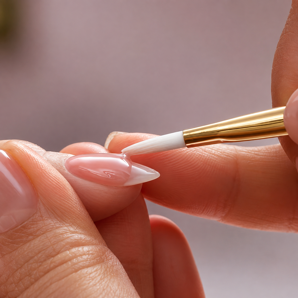 Builder gel is applied to create structure and an apex on the natural nail.